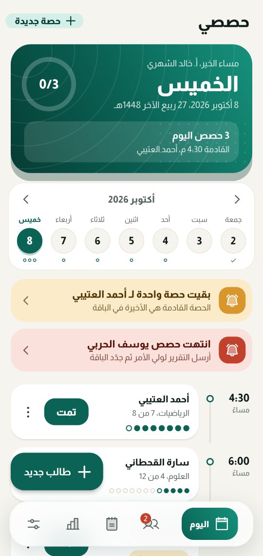 شاشة حصص اليوم